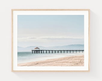 Manhattan Beach Pier Framed Art Print - Soft Blue Coastal Photography