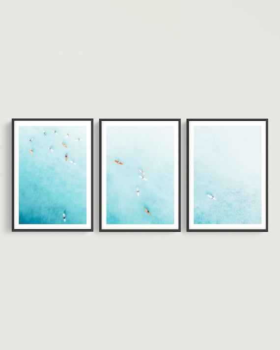 Teal Ocean Surf Aerial Photography Prints, Coastal Wall Art Triptych
