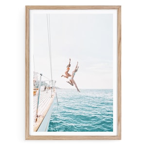 Girls Jumping Into Ocean Print, Coastal Wall Art Summer Photo, Sailboat Fine Art Photography, Yacht Water Adventure Decor, Framed & Unframed