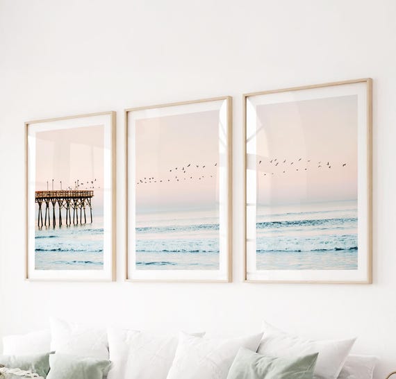 Coastal Pier Photography Print Set, Blush Sunset Triptych
