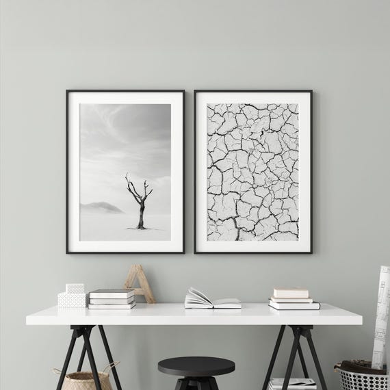 Black and White Desert Prints: Minimalist Tree, Cracked Earth Wall Art