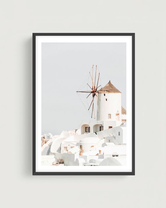 Santorini Windmill Fine Art Print, Greek Island Coastal Wall Art Framed or Unframed