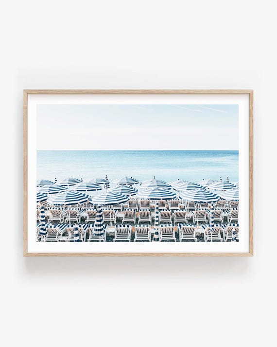 French Riviera Beach Print, Blue Umbrellas Coastal Photo, Mediterranean Wall Art Framed or Unframed