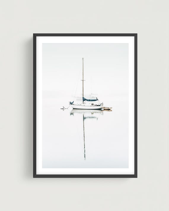 Minimalist Sailboat on Calm Lake - Modern Nautical Fine Art Photography Print