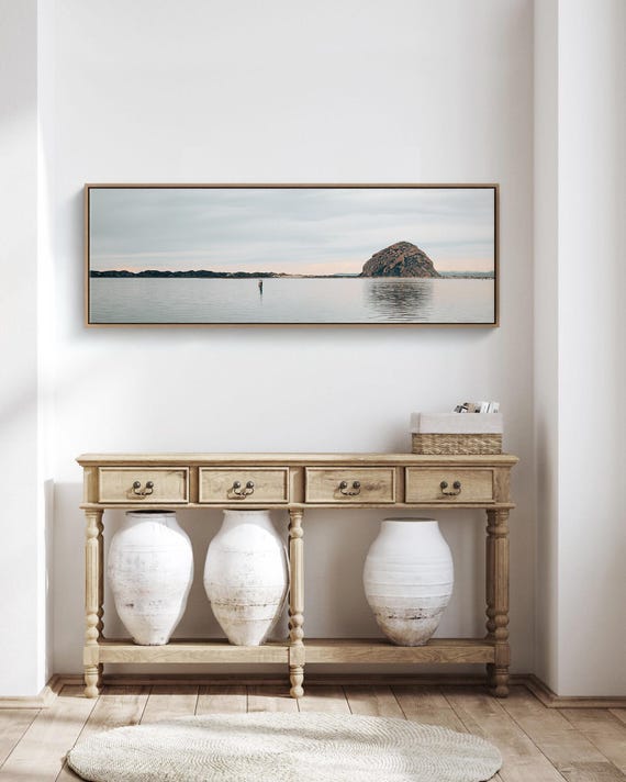 Morro Bay Rock Coastal Panoramic Wall Art, Minimalist Coastal Landscape Photography Print
