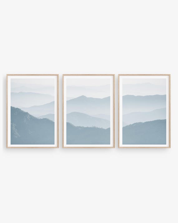 Mountains Wall Art Triptych: Blue Misty Landscape Set of 3 Prints, Minimalist Photography