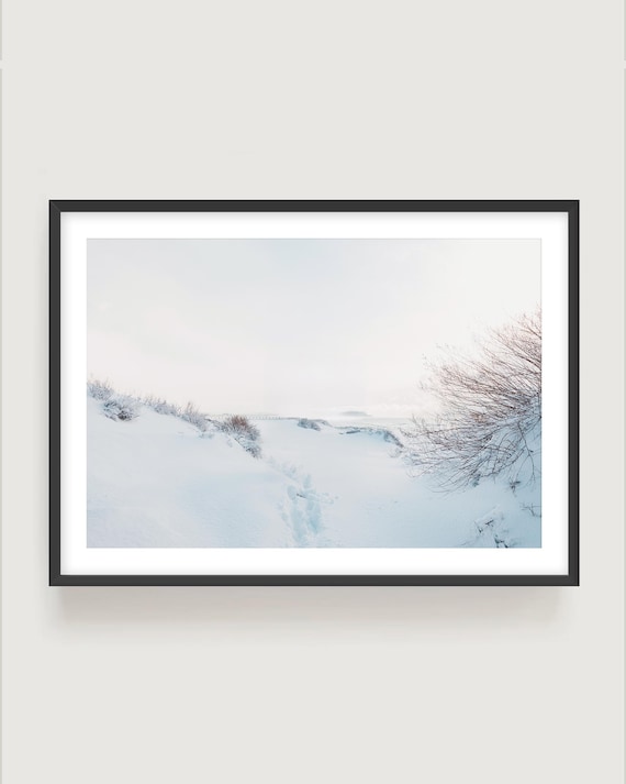 Winter Beach Wall Art: Coastal Photography Print, Minimalist Snow Landscape Fine Art