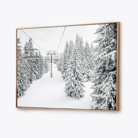 Framed Winter Landscape Canvas: Snowy Ski Lift, Alpine Decor