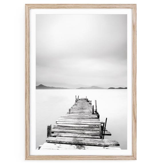 Minimalist Black and White Pier Print: Seascape Photography, Calm Coastal Wall Art