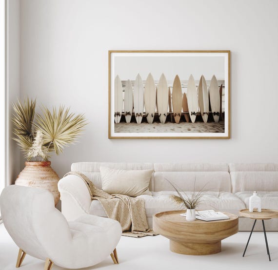 Surfboard Lineup Photography Print, Beige Neutral Coastal Wall Art Framed or Unframed