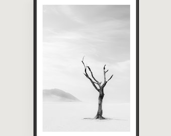 Arte mural de árboles del desierto en blanco y negro: impresión fotográfica minimalista moderna de naturaleza