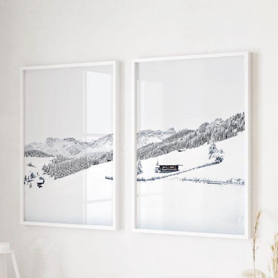 Idyllic Winter Landscape Fine Art Prints Set of 2, Framed Photography Wall Art