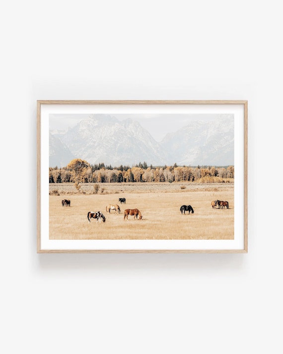 Brown Horses Wall Art Print: Warm Neutral Landscape Photography for Modern Interiors