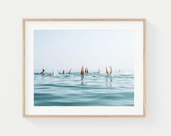 Lake Photography Wall Art Print, Summer Swim Blue Swimmers Handstand Photo