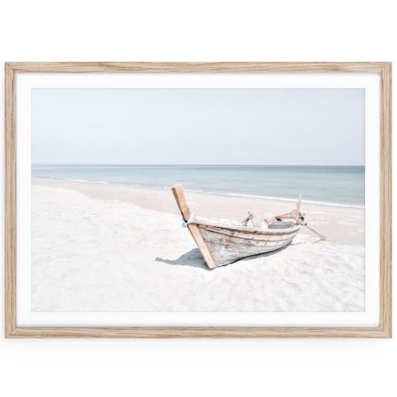 Coastal Boat Print, Minimalist Beach Fine Art, Framed or Unframed Large Horizontal Wall Decor