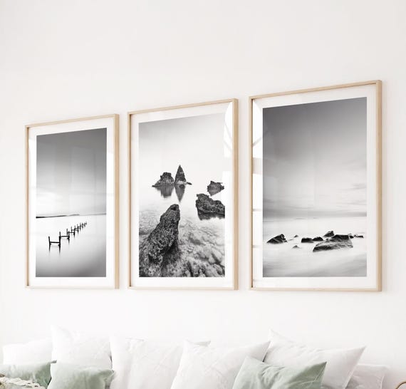 Black and White Coastal Photography Prints, Minimalist Beach Decor Set