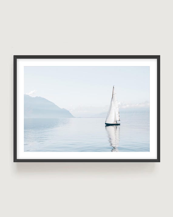 Blue Sailboat Wall Art - Modern Nautical Photography, Framed or Unframed