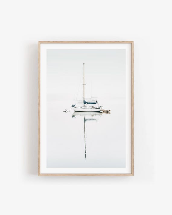 Minimalist Sailboat on Calm Lake Fine Art Photography, Modern Nautical Print