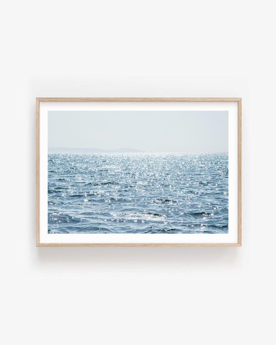 Blue Ocean Print, Shimmering Sunlit Coastal Photography, Framed or Unframed Wall Art