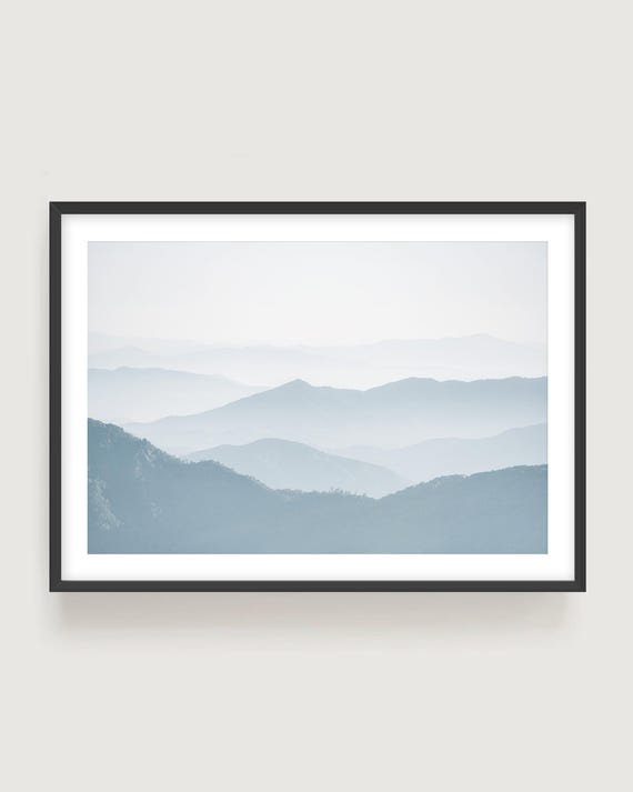 Misty Mountain Fine Art Print: Serene Blue Landscape Wall Art for Calm Interiors