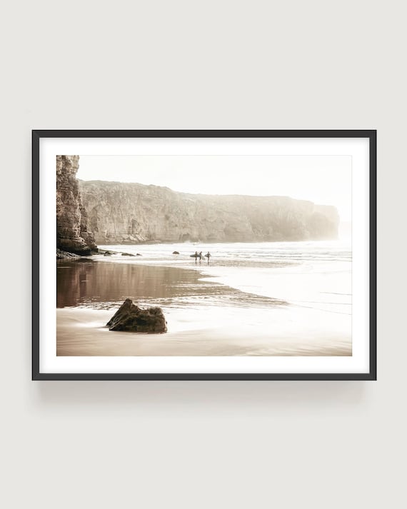 Surfers Beach Wall Art - Minimalist Coastal Surf Print in Beige Muted Colors