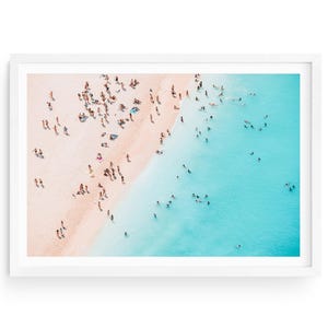 Aerial Beach Photography Print, Summer Ocean Wall Art, Framed or Unframed Fine Art, Coastal Photo with People on the Sand