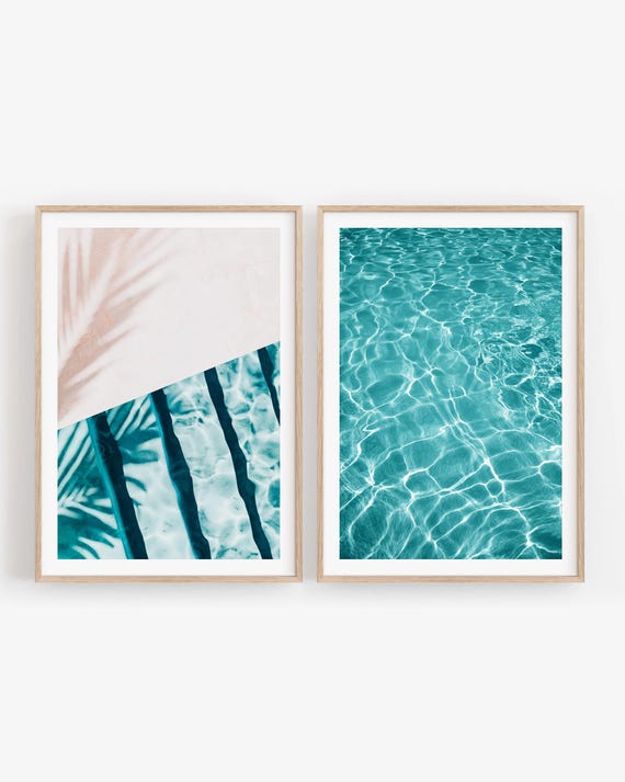 Tropical Pool Print Set of 2: Emerald Green Coastal Wall Art, Modern Bathroom Decor