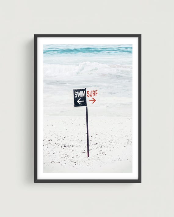Surf Beach Sign Photography Print, Framed or Unframed Modern Coastal Wall Art