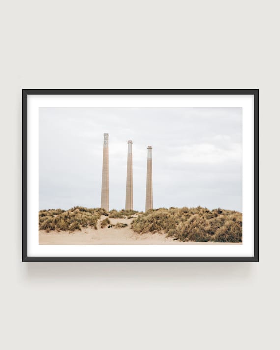 Morro Bay Smokestacks Coastal Wall Art - California Coastal  Industrial Photography Print, Minimalist Beach Landscape