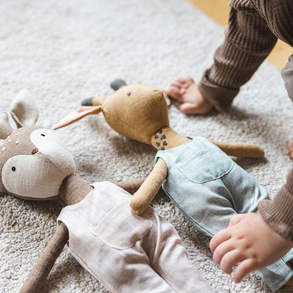 Luxurious Linen Heirloom Stuffed Animal Toys - Hand Embroidered Neutral Unisex Timeless - Bunny Rabbit Mouse Fawn Fox - Woodland Art Dolls