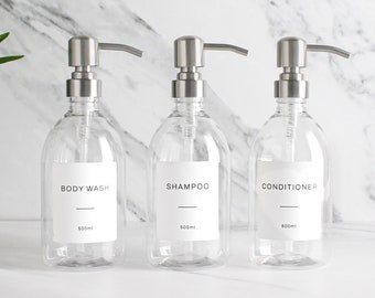 Lot de trois bouteilles en plastique transparent pour shampooing et shampooing nettoyant pour le corps - Distributeur rechargeable et pompe avec étiquette imperméable blanche | Respectueux de l'environnement