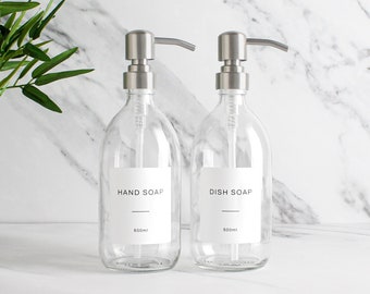 Handseife & Spülmittel-Klarglas-Flaschen-Set Zweier-Set - Nachfüllbarer Spender Und Pumpe Mit Weißem Wasserfestem Etikett | Umweltfreundliche Nachfüllung