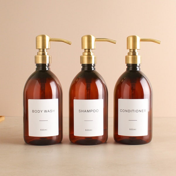 Body Wash Shampoo Conditioner Amber Plastic Bottle Set Of Three - Refillable Brown Dispenser & Pump With White Waterproof Label | Eco