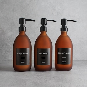 Body Wash Shampoo Conditioner Frosted Amber Glass Bottle Set Of Three - Refillable Brown Dispenser & Pump With Black Waterproof Label | Eco