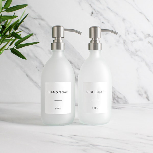 Hand Soap & Dish Soap Frosted White Glass Bottle Set Of Two - Refillable Dispenser And Pump With White Waterproof Label | Eco Friendly