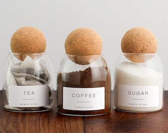 Juego de 3 tarros de cristal con forma de bola de corcho para té, café y azúcar: botes de almacenamiento de 500 ml con etiqueta impermeable blanca / Organización de la despensa de la cocina