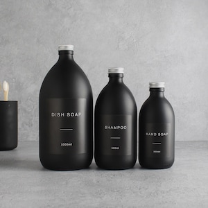 Matte Black Glass Bottle - Refillable Coloured Soap Bottle With Aluminium Cap & Label | For Shampoo, Conditioner, Hand Cream | Reuse