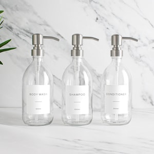 Body Wash Shampoo Conditioner Clear Glass Bottle Set Of Three - Refillable Dispenser & Pump With White Waterproof Label | Eco Friendly