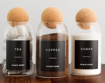 Juego de 3 tarros de cristal con forma de bola de corcho para té, café y azúcar: botes de almacenamiento de 800 ml con etiqueta impermeable negra/organización de despensa