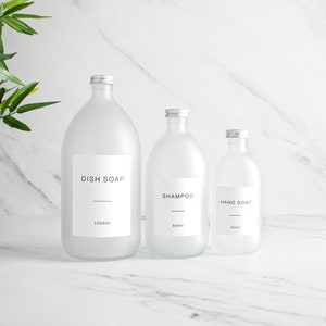 Frosted Clear Glass Bottle - Refillable Coloured Soap Bottle With Aluminium Cap & Label | For Shampoo, Conditioner, Hand Cream | Reuse