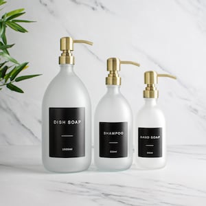 Frosted White Glass Bottle - Refillable Coloured Soap Dispenser With Metal Gold Pump & Label | For Shampoo, Conditioner, Hand Cream | Reuse