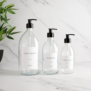 Clear Glass Bottle - Labelled Refillable Bottle With Black Pump Dispenser & Label | For Shampoo, Hand Soap, Cream, Body Wash | Eco Reuse