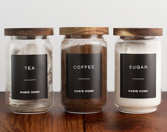 Tea Coffee Sugar Set of 3 Glass Jars - 750ml Storage Canisters With Black Waterproof Label & Airtight Acacia Lid | Pantry Organisation