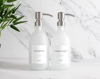Shampoo & Conditioner Frosted White Glass Bottle Set Of Two - Refillable Dispenser And Pump With White Waterproof Label | Eco Friendly