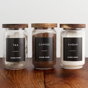 tea coffee sugar set of 3 glass storage jars with black label for kitchen pantry organisation