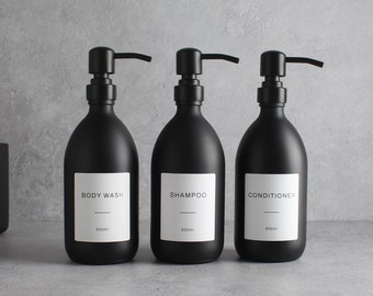Body Wash Shampoo Conditioner Matte Black Glass Bottle Set Of Three - Refillable Dispenser & Pump With White Waterproof Label | Eco Friendly