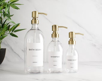 Clear Plastic Bottle - Labelled Refillable Bottle With Metal Gold / Brass Pump Dispenser | For Shampoo, Hand Soap, Cream, Body Wash | Eco