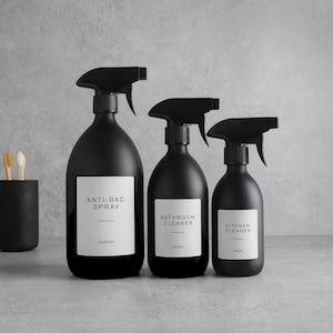 Matte Black Glass Spray Bottle - Refillable Coloured Trigger Spray Bottle & Label | Kitchen Bathroom Accessories For Cleaning And Plants