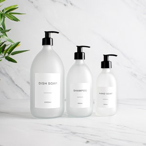 Frasco de vidro transparente fosco - Dispensador de sabão colorido recarregável com bomba preta e etiqueta | Para xampu, condicionador, creme para as mãos, corpo | Reutilização