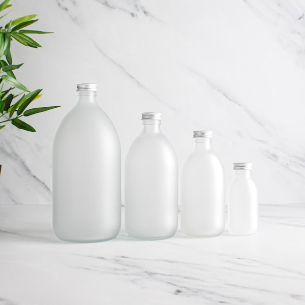 Gefrostete Klarglasflasche - Nachfüllbare farbige Seifenflasche mit Aluminiumverschluss | Für Shampoo, Conditioner, Handcreme, Körperwaschmittel | Wiederverwendung